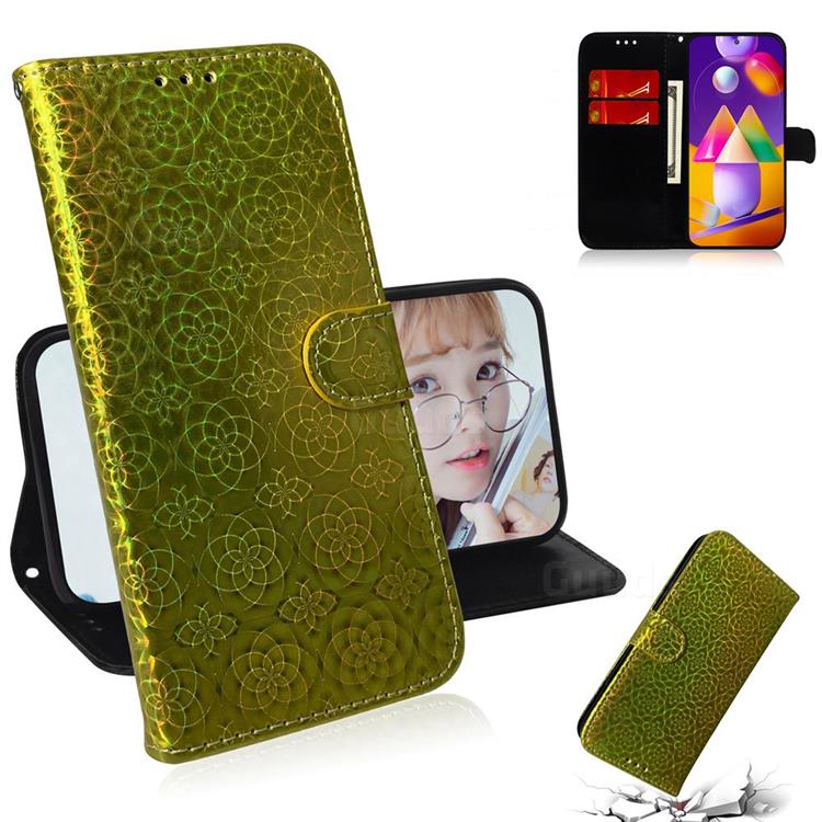 Laser Circle Shining Leather Wallet Phone Case for Samsung Galaxy M31s - Golden