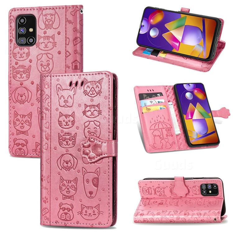 Embossing Dog Paw Kitten and Puppy Leather Wallet Case for Samsung Galaxy M31s - Pink