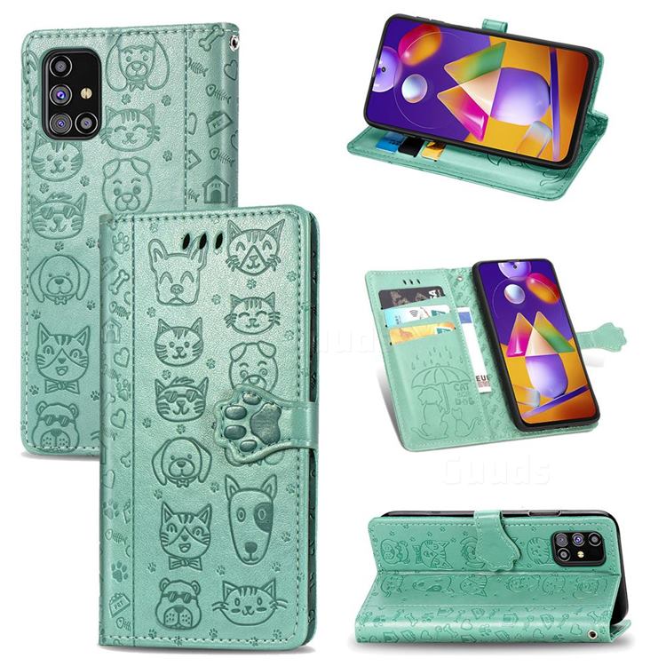 Embossing Dog Paw Kitten and Puppy Leather Wallet Case for Samsung Galaxy M31s - Green