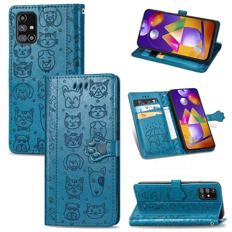 Embossing Dog Paw Kitten and Puppy Leather Wallet Case for Samsung Galaxy M31s - Blue