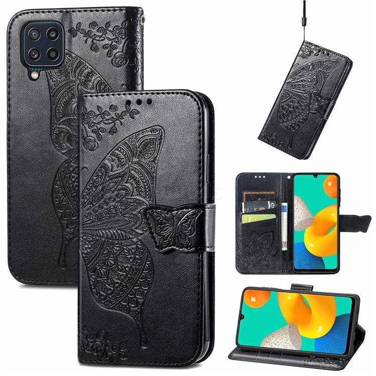Embossing Mandala Flower Butterfly Leather Wallet Case for Samsung Galaxy M32 - Black