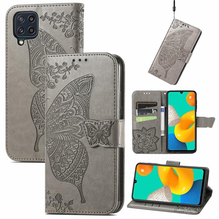 Embossing Mandala Flower Butterfly Leather Wallet Case for Samsung Galaxy M32 - Gray
