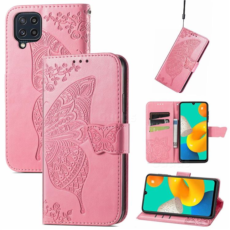 Embossing Mandala Flower Butterfly Leather Wallet Case for Samsung Galaxy M32 - Pink