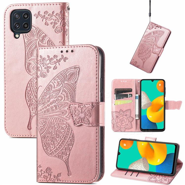Embossing Mandala Flower Butterfly Leather Wallet Case for Samsung Galaxy M32 - Rose Gold