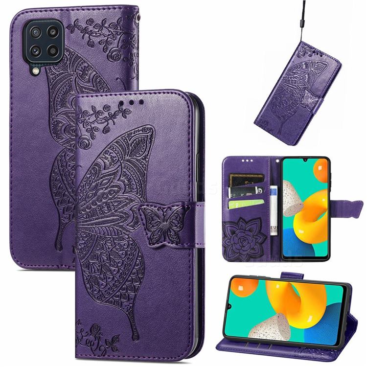 Embossing Mandala Flower Butterfly Leather Wallet Case for Samsung Galaxy M32 - Dark Purple