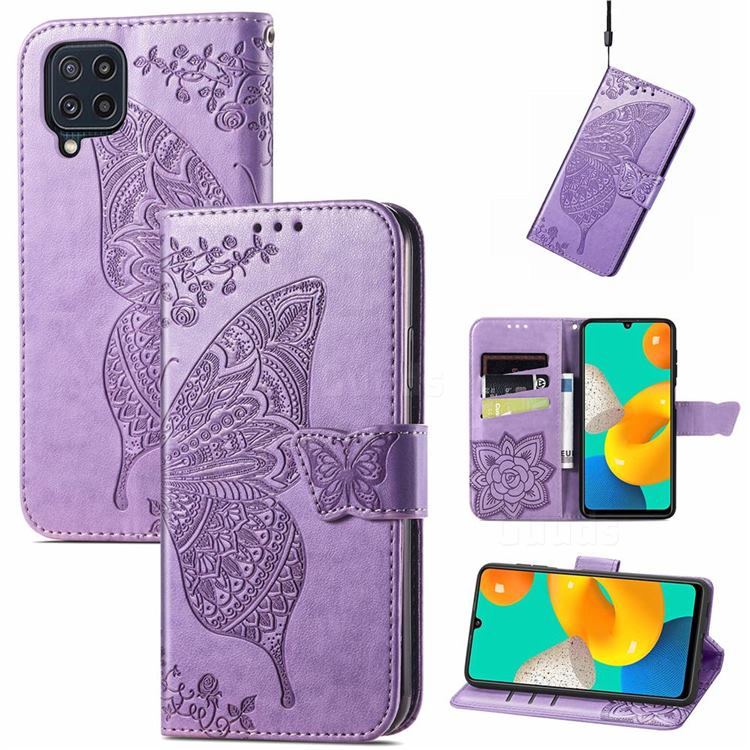 Embossing Mandala Flower Butterfly Leather Wallet Case for Samsung Galaxy M32 - Light Purple