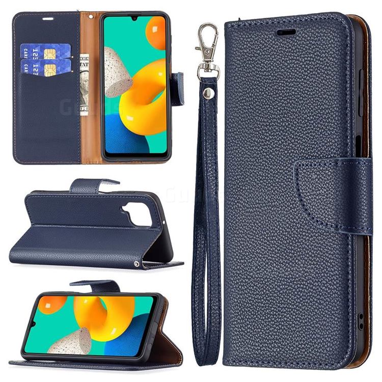 Classic Luxury Litchi Leather Phone Wallet Case for Samsung Galaxy M32 - Blue