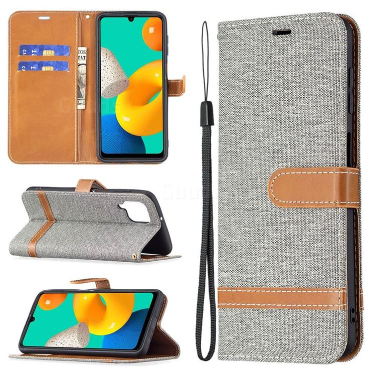 Jeans Cowboy Denim Leather Wallet Case for Samsung Galaxy M32 - Gray