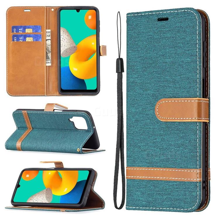 Jeans Cowboy Denim Leather Wallet Case for Samsung Galaxy M32 - Green
