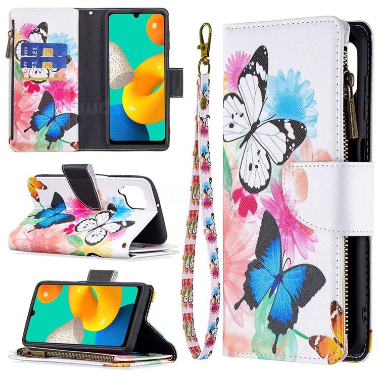 Vivid Flying Butterflies Binfen Color BF03 Retro Zipper Leather Wallet Phone Case for Samsung Galaxy M32
