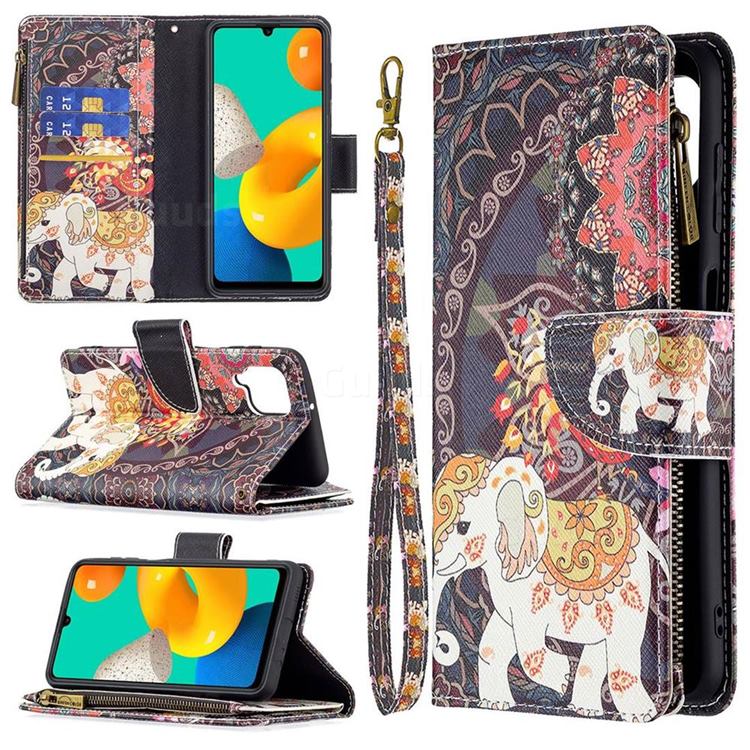 Totem Flower Elephant Binfen Color BF03 Retro Zipper Leather Wallet Phone Case for Samsung Galaxy M32