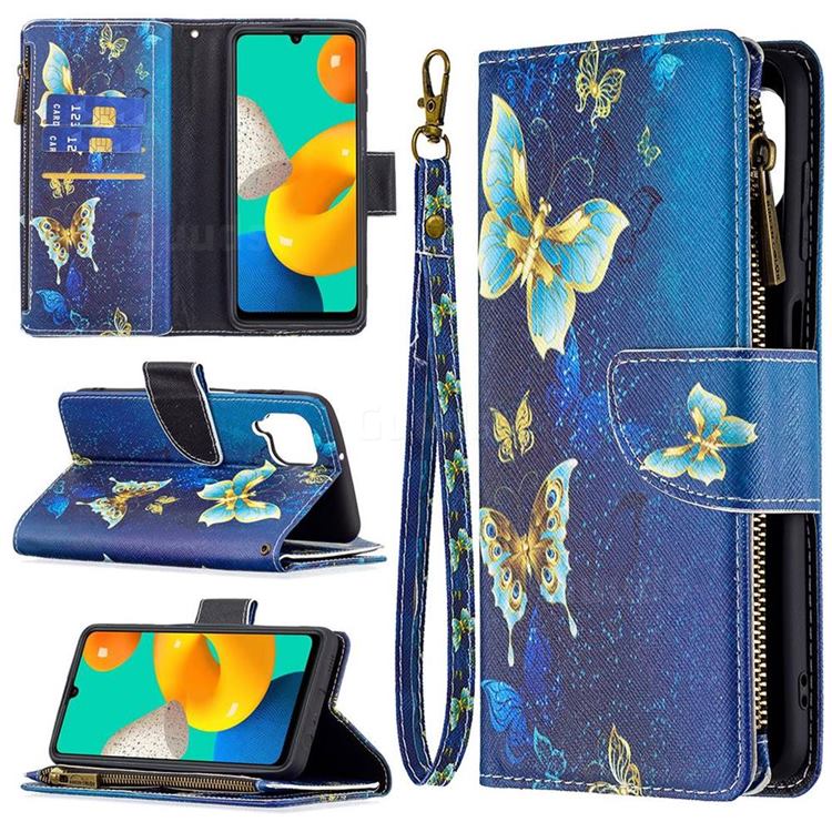 Golden Butterflies Binfen Color BF03 Retro Zipper Leather Wallet Phone Case for Samsung Galaxy M32