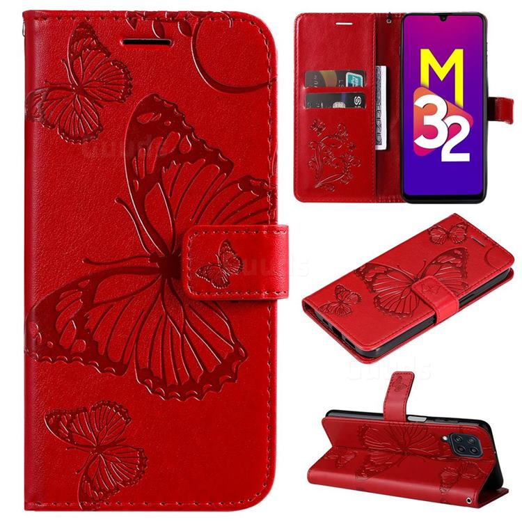 Embossing 3D Butterfly Leather Wallet Case for Samsung Galaxy M32 - Red