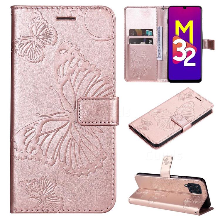 Embossing 3D Butterfly Leather Wallet Case for Samsung Galaxy M32 - Rose Gold