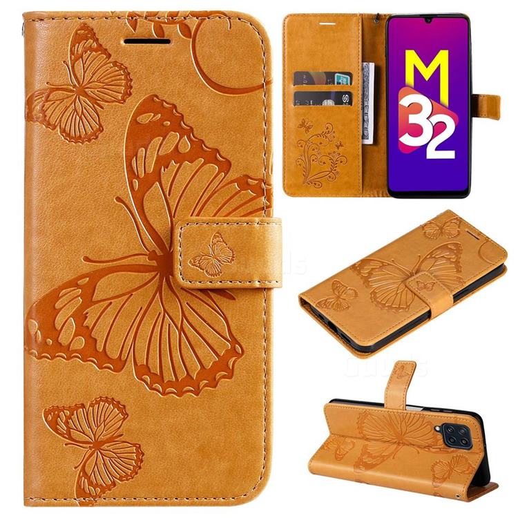 Embossing 3D Butterfly Leather Wallet Case for Samsung Galaxy M32 - Yellow