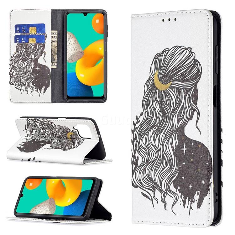 Girl with Long Hair Slim Magnetic Attraction Wallet Flip Cover for Samsung Galaxy M32