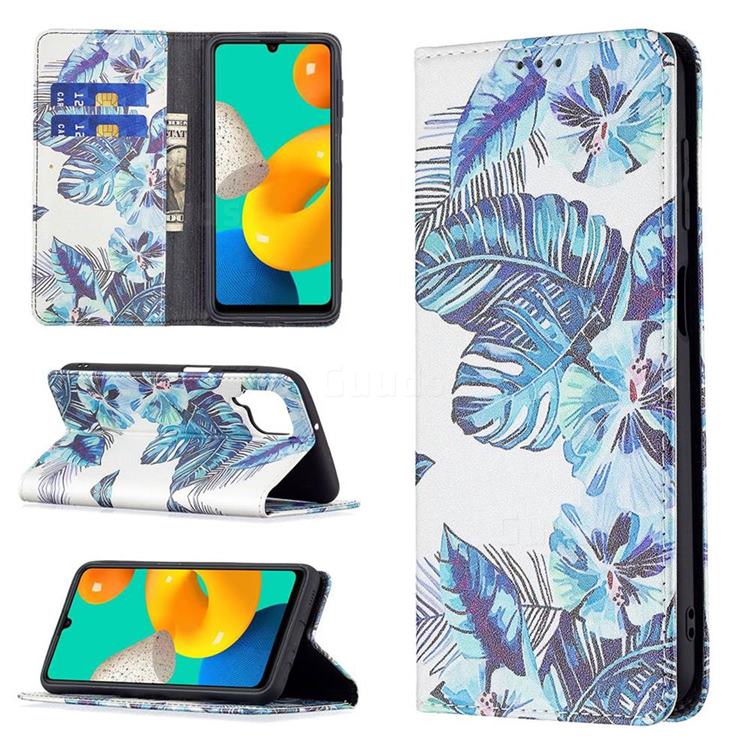 Blue Leaf Slim Magnetic Attraction Wallet Flip Cover for Samsung Galaxy M32