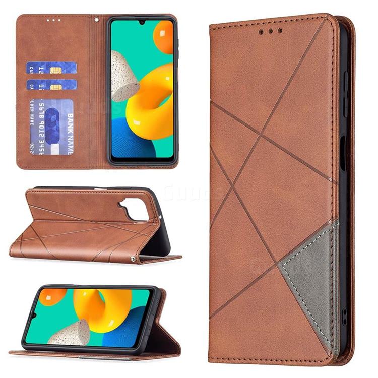 Prismatic Slim Magnetic Sucking Stitching Wallet Flip Cover for Samsung Galaxy M32 - Brown