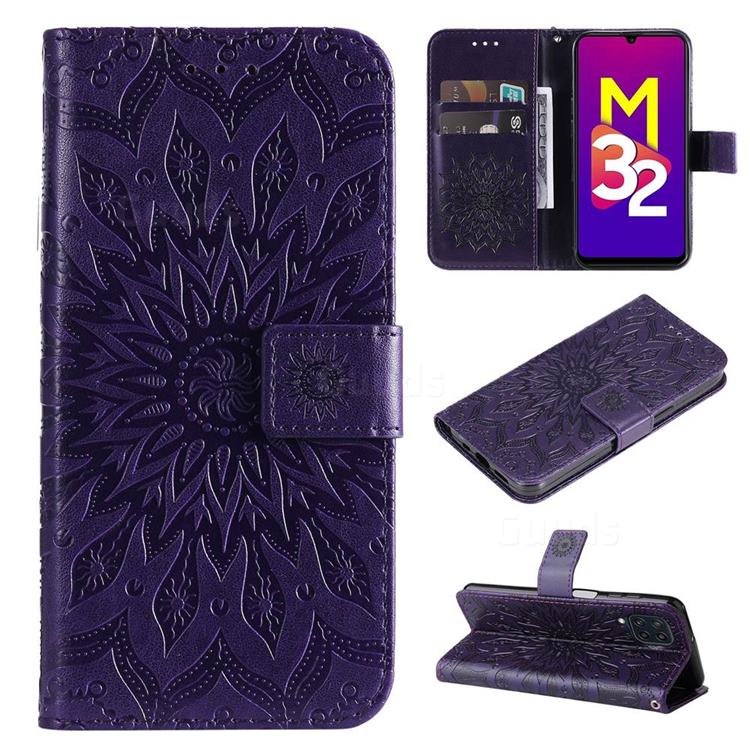 Embossing Sunflower Leather Wallet Case for Samsung Galaxy M32 - Purple