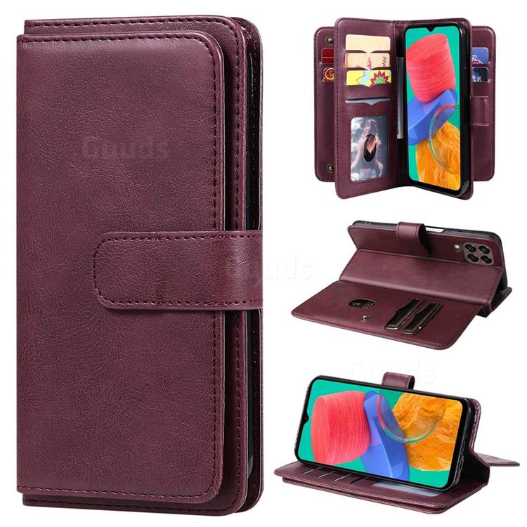 Multi-function Ten Card Slots and Photo Frame PU Leather Wallet Phone Case Cover for Samsung Galaxy M33 - Claret