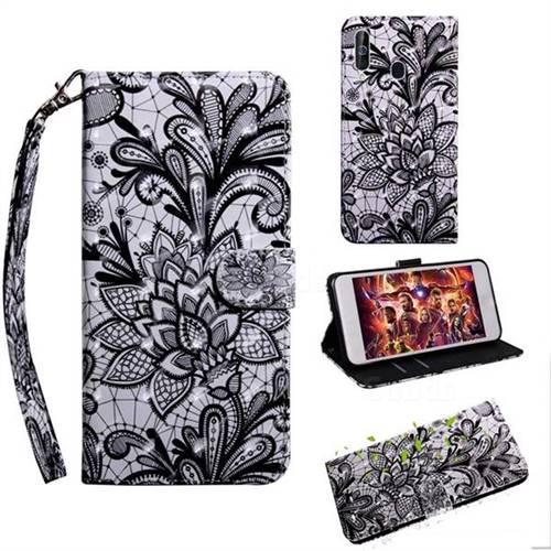 Black Lace Rose 3D Painted Leather Wallet Case for Samsung Galaxy M40