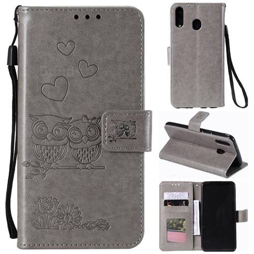 Embossing Owl Couple Flower Leather Wallet Case for Samsung Galaxy M40 - Gray