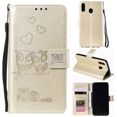 Embossing Owl Couple Flower Leather Wallet Case for Samsung Galaxy M40 - Golden