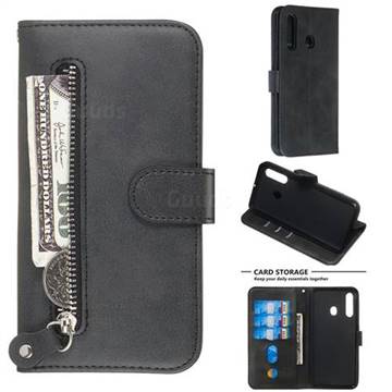 Retro Luxury Zipper Leather Phone Wallet Case for Samsung Galaxy M40 - Black