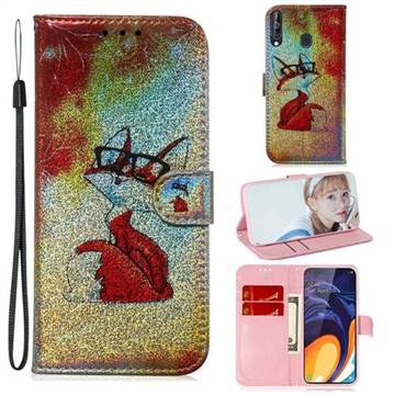 Glasses Fox Laser Shining Leather Wallet Phone Case for Samsung Galaxy M40