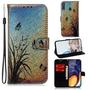 Butterfly Orchid Laser Shining Leather Wallet Phone Case for Samsung Galaxy M40