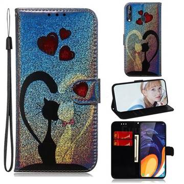 Love Cat Laser Shining Leather Wallet Phone Case for Samsung Galaxy M40
