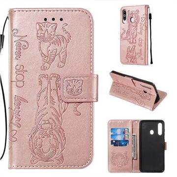Embossing Tiger and Cat Leather Wallet Case for Samsung Galaxy M40 - Rose Gold