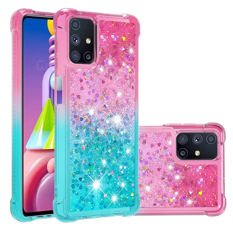 Rainbow Gradient Liquid Glitter Quicksand Sequins Phone Case for Samsung Galaxy M51 - Pink Blue
