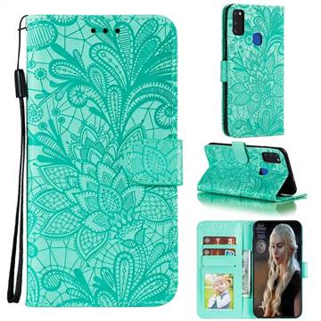 Intricate Embossing Lace Jasmine Flower Leather Wallet Case for Samsung Galaxy M51 - Green