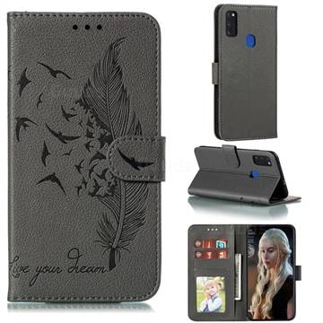 Intricate Embossing Lychee Feather Bird Leather Wallet Case for Samsung Galaxy M51 - Gray
