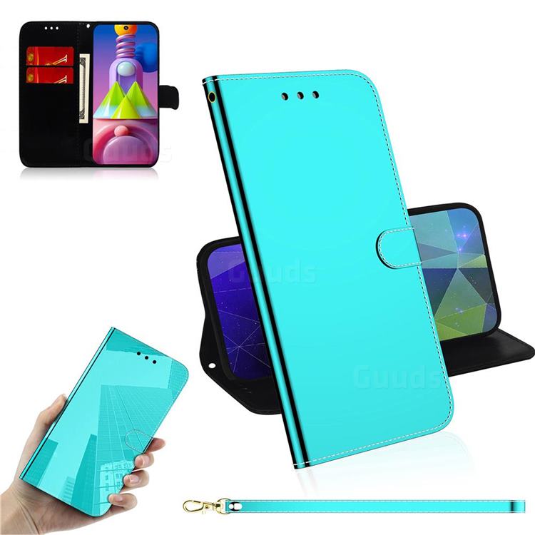 Shining Mirror Like Surface Leather Wallet Case for Samsung Galaxy M51 - Mint Green