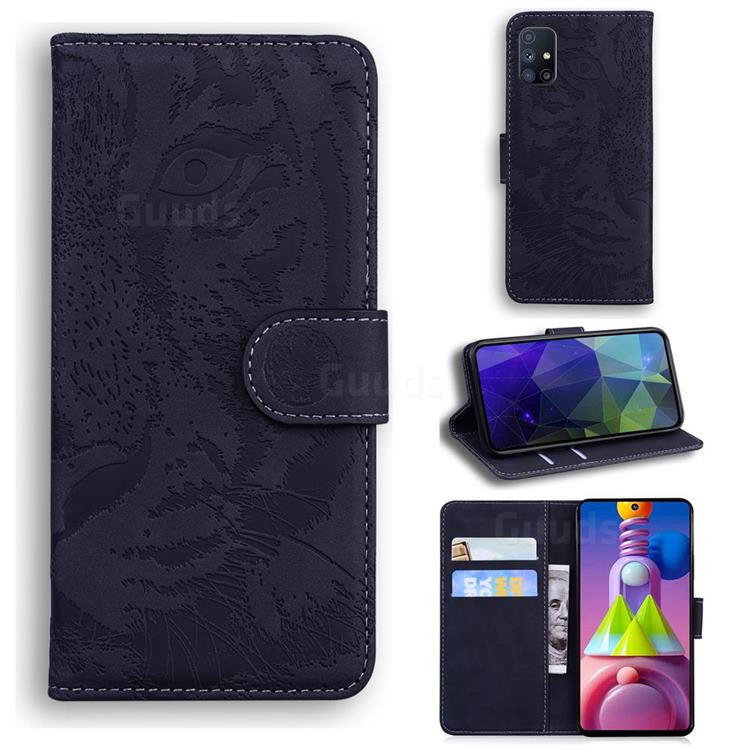 Intricate Embossing Tiger Face Leather Wallet Case for Samsung Galaxy M51 - Black