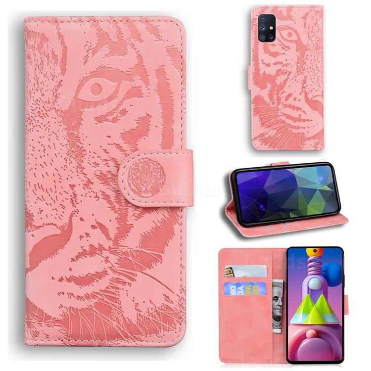 Intricate Embossing Tiger Face Leather Wallet Case for Samsung Galaxy M51 - Pink