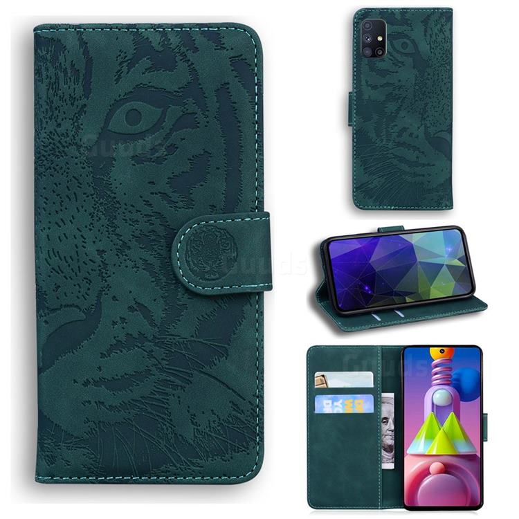 Intricate Embossing Tiger Face Leather Wallet Case for Samsung Galaxy M51 - Green