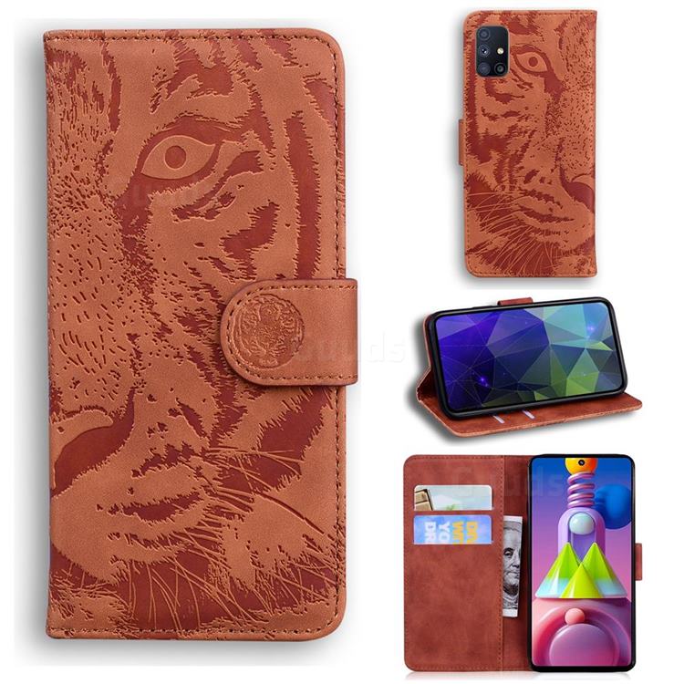 Intricate Embossing Tiger Face Leather Wallet Case for Samsung Galaxy M51 - Brown