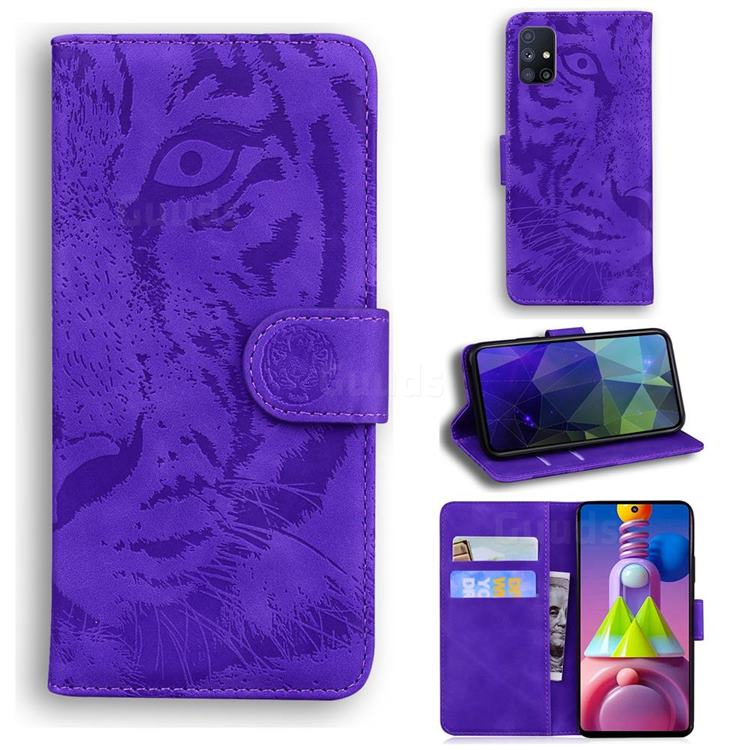 Intricate Embossing Tiger Face Leather Wallet Case for Samsung Galaxy M51 - Purple