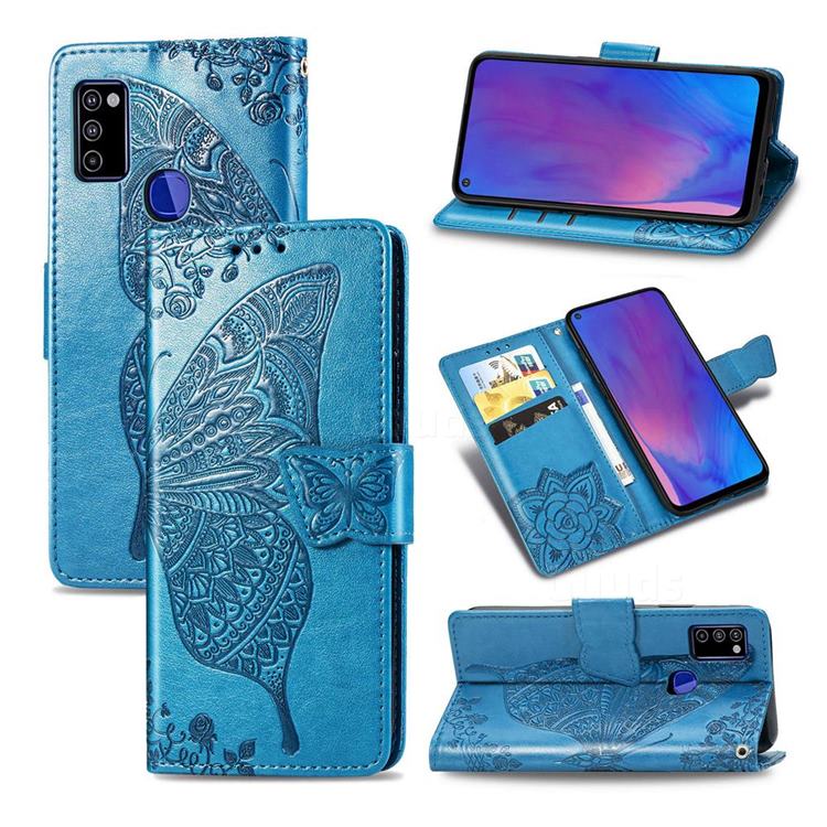 Embossing Mandala Flower Butterfly Leather Wallet Case for Samsung Galaxy M51 - Blue