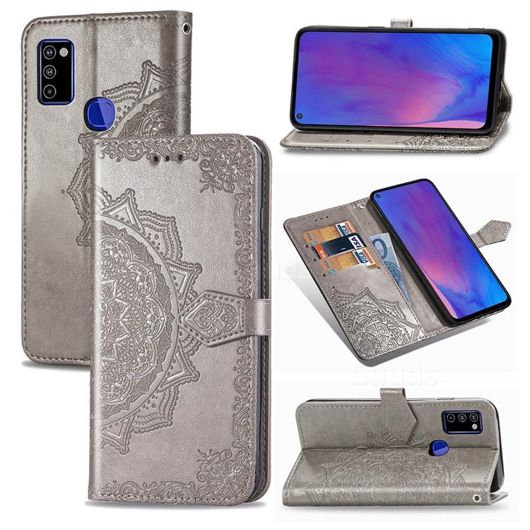 Embossing Imprint Mandala Flower Leather Wallet Case for Samsung Galaxy M51 - Gray