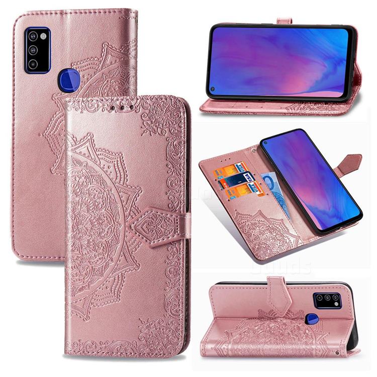 Embossing Imprint Mandala Flower Leather Wallet Case for Samsung Galaxy M51 - Rose Gold