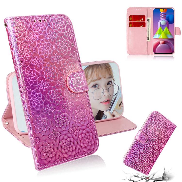 Laser Circle Shining Leather Wallet Phone Case for Samsung Galaxy M51 - Pink
