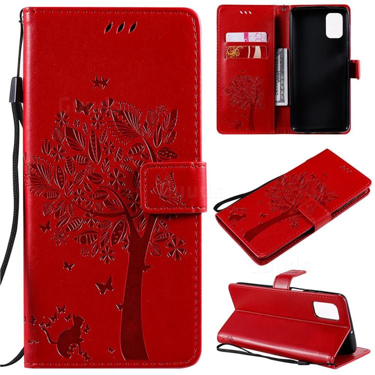 Embossing Butterfly Tree Leather Wallet Case for Samsung Galaxy M51 - Red