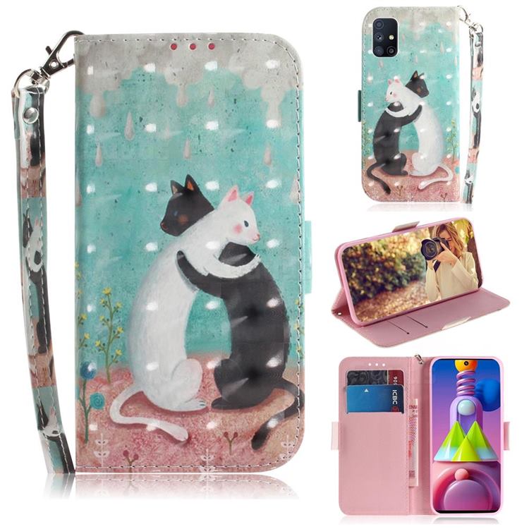 Black and White Cat 3D Painted Leather Wallet Phone Case for Samsung Galaxy M51