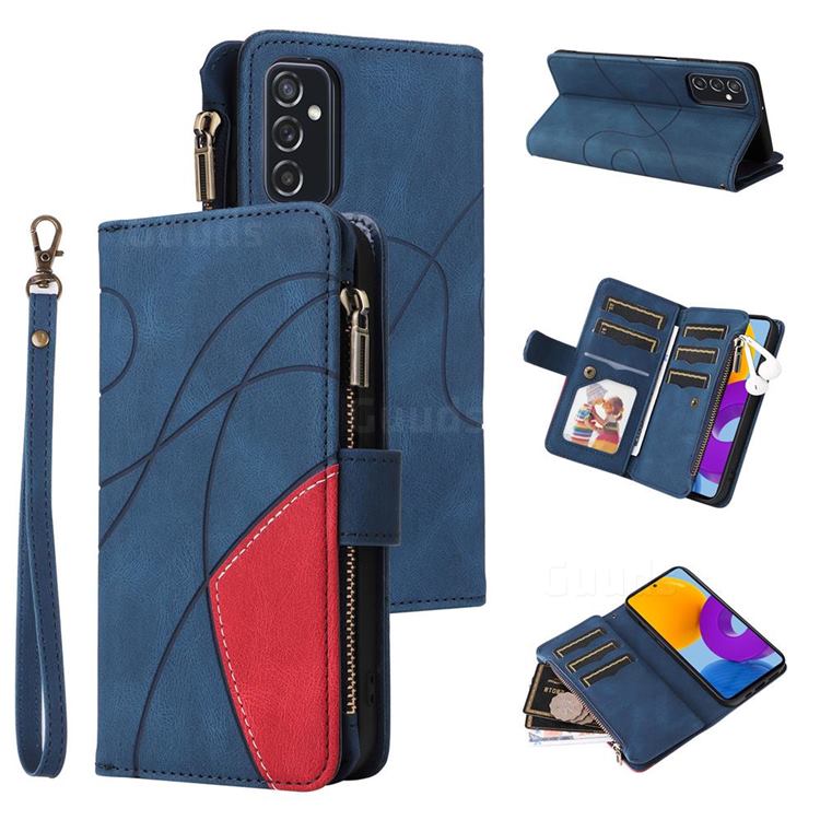Luxury Two-color Stitching Multi-function Zipper Leather Wallet Case Cover for Samsung Galaxy M52 5G - Blue
