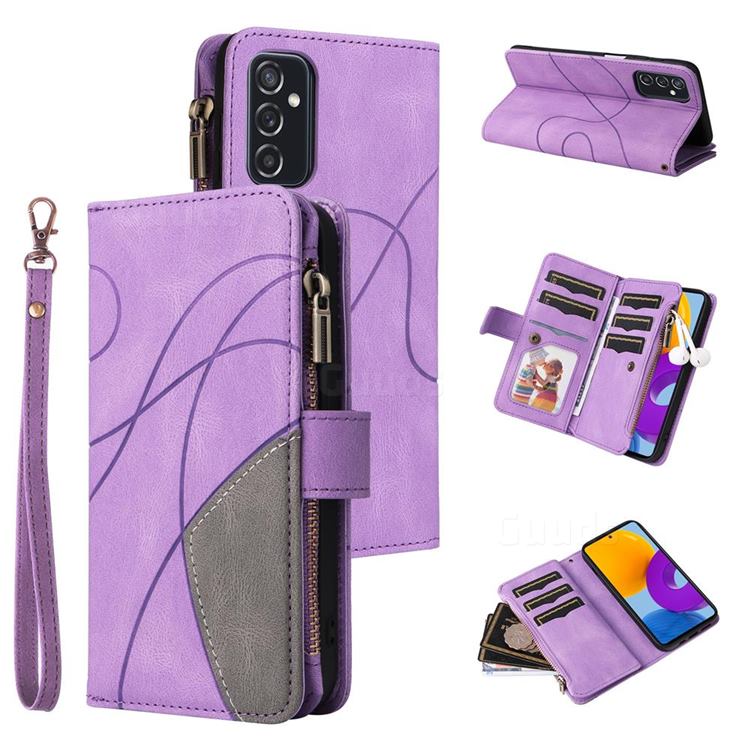 Luxury Two-color Stitching Multi-function Zipper Leather Wallet Case Cover for Samsung Galaxy M52 5G - Purple