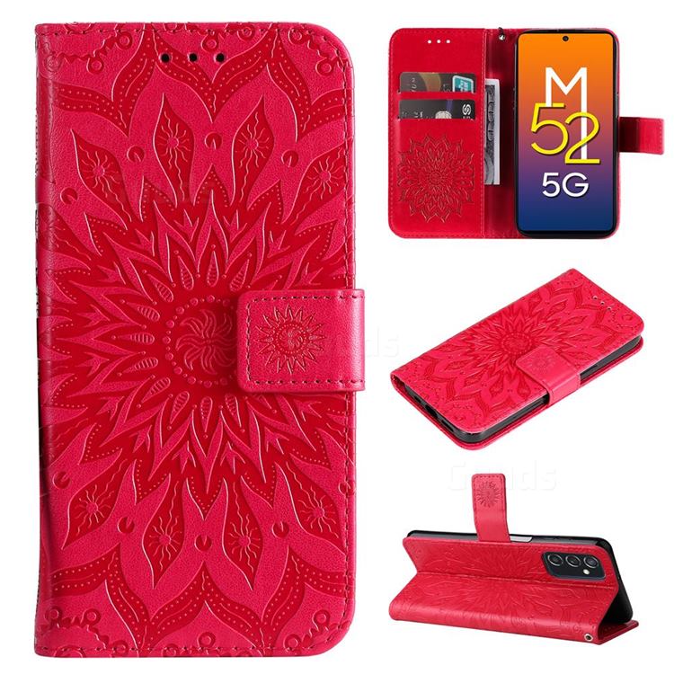 Embossing Sunflower Leather Wallet Case for Samsung Galaxy M52 5G - Red